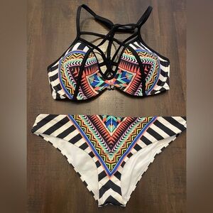 Victoria’s Secret PINK 2 Piece Bathing Suit Striped Aztec Neon Medium/ D-DD